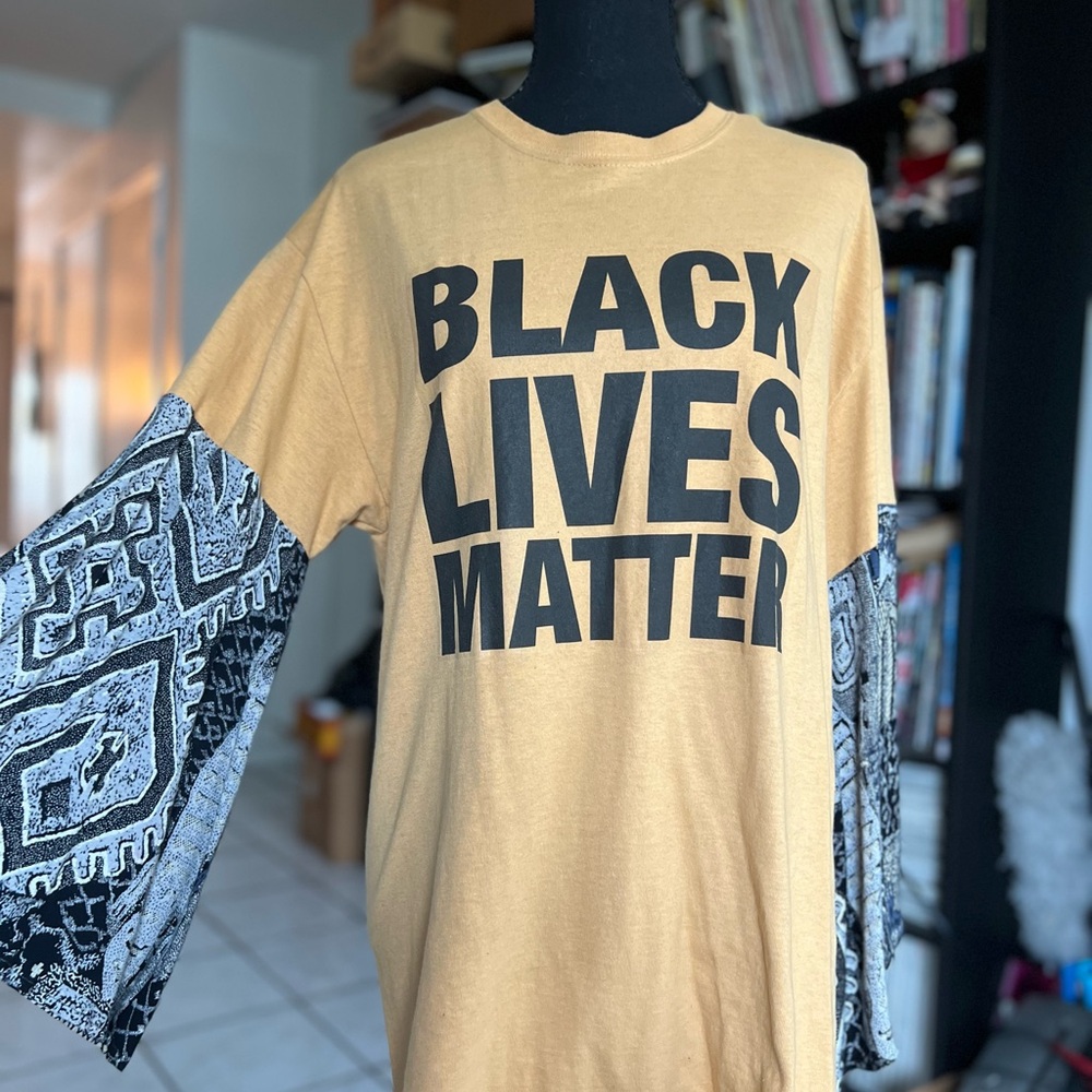 UPCYCLED Black Lives Matter Graphic Tee with Patterned Sleeves